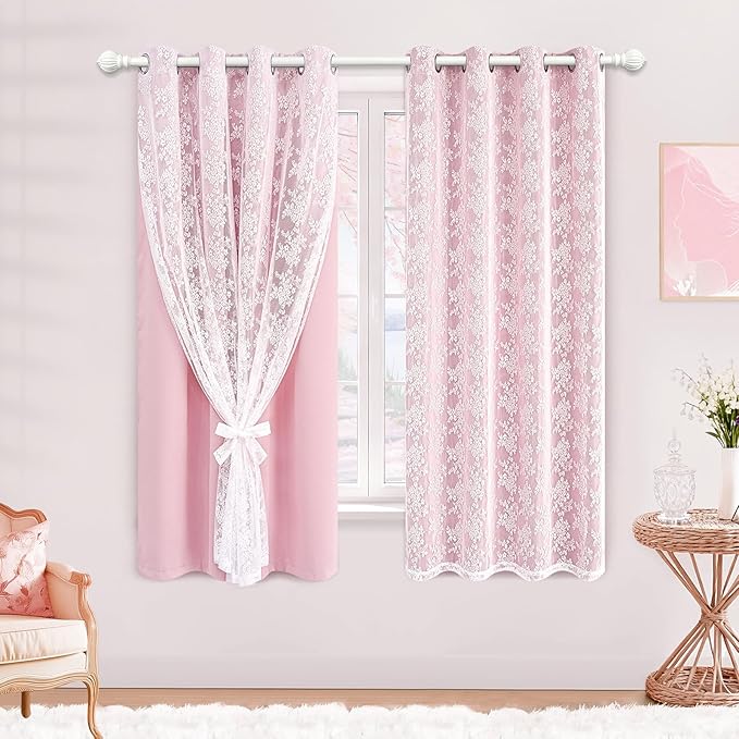 Yinhua Pink Blackout Curtains for Bedroom Double Layer Nursery Curtains for Living Room 84 Inch Length 2 Panels Set Kid Curtain with Floral Sheer Overlay, Grommet Drapes with Tiebacks, 52" W x 63" L