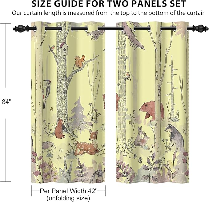 Kids Blackout Curtains for Nursery, Boy's Woodland Animal Print Curtains for Bedroom, Cartoon Room Darkening Window Drapes 2 Panels Set, Yellow, 42W x 84L
