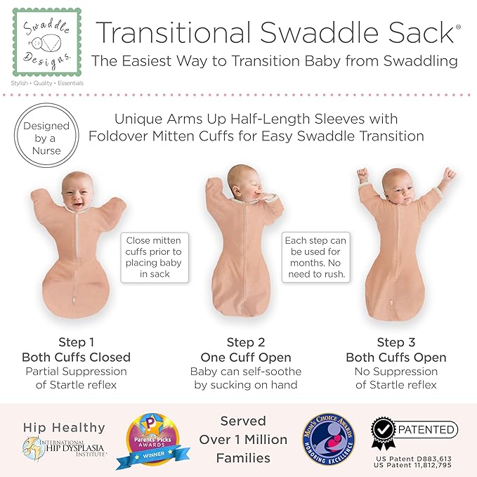 SwaddleDesigns Transitional Swaddle Sack, Arms Up Half-Length Sleeves & Mitten Cuffs, Swaddle for Newborn Transition to Baby Sleep Sack Wearable Blanket, 0-3 Month, 6-14 lb, Heathered Peach Blush