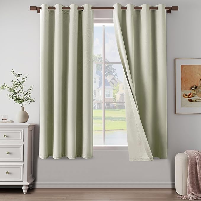 100% Blackout Linen Textured Curtains 63 Inch Length 2 Panels Set for Children's room, Bedroom, Light Weight Curtains with Grommets Top, Blackout Curtains Privacy Protection, Beige, 52" W x 63" L