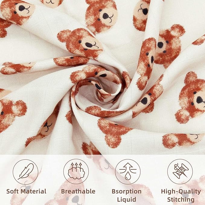 LifeTree Muslin Baby Swaddle Blankets, Boys Girls Muslin Swaddling Wrap Receiving Blanket for Newborn, 70% Viscose from Bamboo and 30% Cotton, Large 47" x 47", Bear Head Pattern