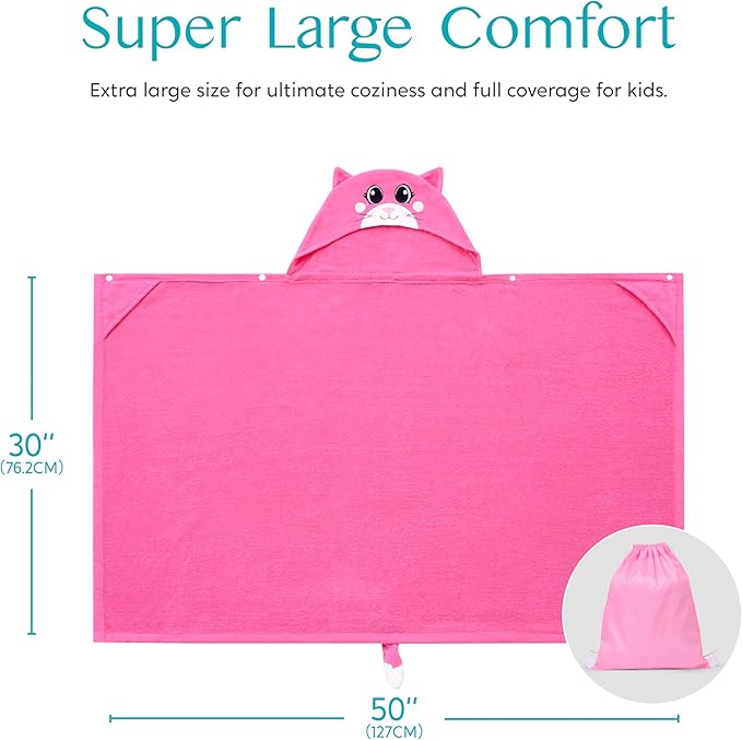 Joiedomi Hooded Towel for Kids Soft 100% Cotton Bath Beach Towel 30" x 50" for Kids 3-10 Years Toddler Pool Poncho with Hood Absorbent Swim Wrap for Boys Girls Pink Cat