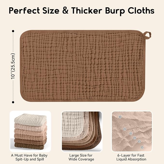 Unnivoll Muslin Burp Cloths for Baby 100% Cotton Burping Cloths for Boys Girls Large 20''X10'' Extra Soft and Absorbent 12 Pack - Gradient Coffee