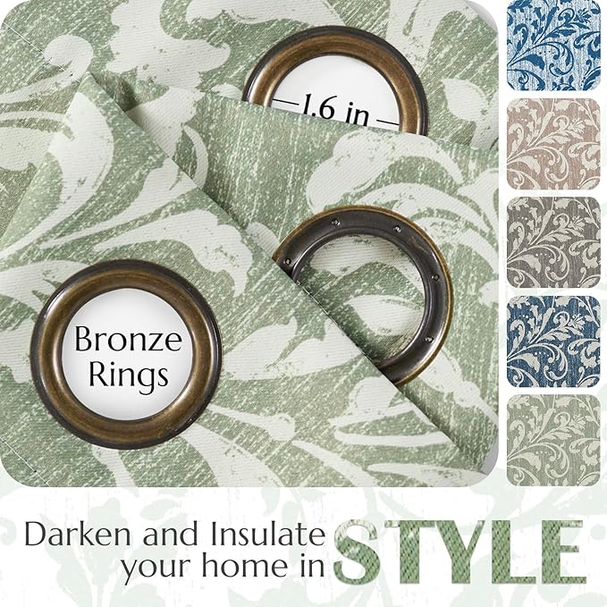 jinchan Blackout Curtains for Bedroom, Green Scroll Floral Patterned Curtains 108 Inch Length for Living Room, Farmhouse Vintage Art Deco Drapes, Thermal Insulated Curtains Grommet 2 Panels