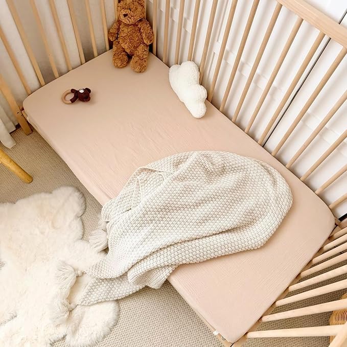 BuLuTu Muslin Mini Crib Sheets 38"x26", 2 Pack, Soft Breathable 2-Layers Gauze Cotton Baby Crib Mattress Sheets, Pack and Play Mattress Sheets Fitted for Pack N Play, Beige & Pink
