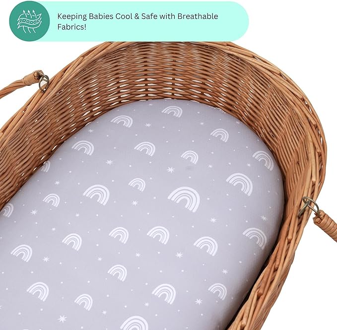 Bassinet Sheets for Baby Delight Snuggle Nest, Beside Me Doze, Snoo Smart, Fisher Price by TansyPanda, 3PC, 32 x 17 Inch, Ultra Soft, Breathable, Snug Fit, Unisex Boys, Girls (Woodland Rainbow)
