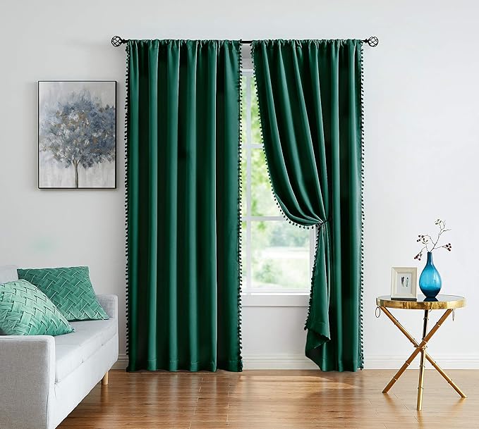 Treatmentex Pompom Green Full Blackout Curtains for Bedroom Living Room 63 inch Thermal Insulated Window Curtain Panels for Christmas Décor 52" w x2 Panels Rod Pocket
