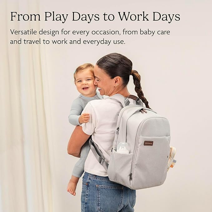 UPPAbaby Changing Backpack - Multiple Storage Compartments - Side Bottle + Laptop Pockets - Trolley Sleeve - Stroller Strap Attachment - Evelyn - Meadow Green | Chestnut Leather