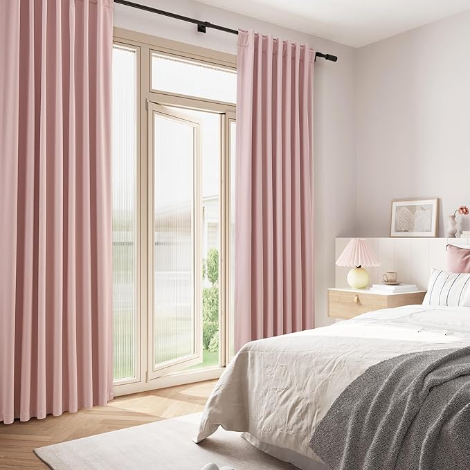 Guken 100% Blackout Linen Curtains 120 Inch 2 Panels Set for Girl's Bedroom, Living Room, Nursery, Back Tab Thermal Insulated Black Out Drapes Room Darkening, Pink