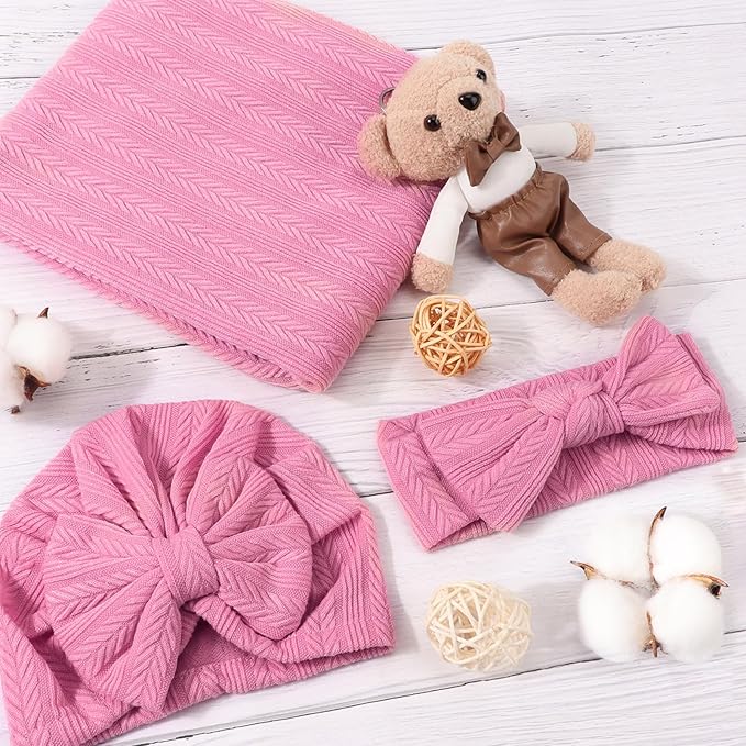 DRESHOW BQUBO Baby Swaddle Blankets for Girls, 4PCS Newborn Accessories Set with Matching Hat and Bow Headband with Hello World Wooden Birth Announcement Card