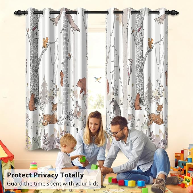 Kids Blackout Curtains for Nursery, Boy's Woodland Animal Print Curtains for Bedroom, Cartoon Room Darkening Window Drapes 2 Panels Set, White, 52W x 63L
