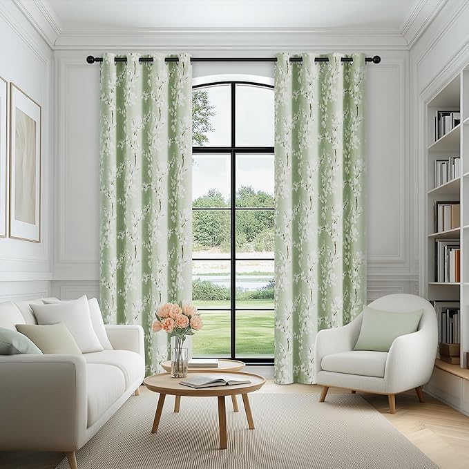 FMFUNCTEX 100% Blackout Floral Curtains for Bedroom, Sage Green Curtains 84 inches Long Blossom Patterned for Living Room, Thermal Insulated Farmhouse Drapes, Grommet Top 2 Panels (White on Green)
