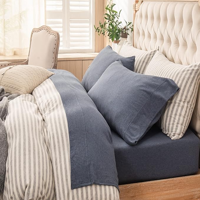 PURE ERA Jersey Knit 4pc Bed Sheet Set 100% T-Shirt Heather Cotton Super Soft Comfy Breathable Fits Mattress Up to 20" Extra Deep Pocket (Heather Navy Blue, Full)