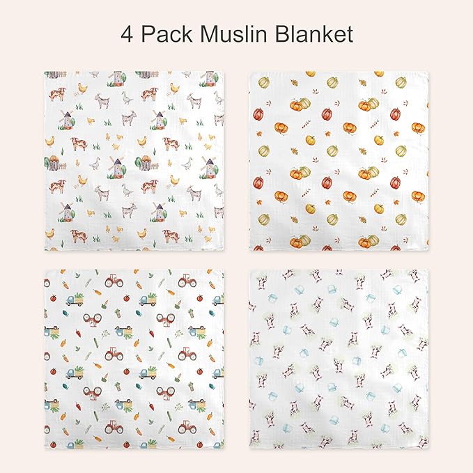 70% Rayon Made from Bamboo 30% Cotton Muslin Swaddle Blanket, 47 x 47 Inches, Farm Theme Baby Receiving Blanket, Soft and Breathable, Unisex, 4 Pack