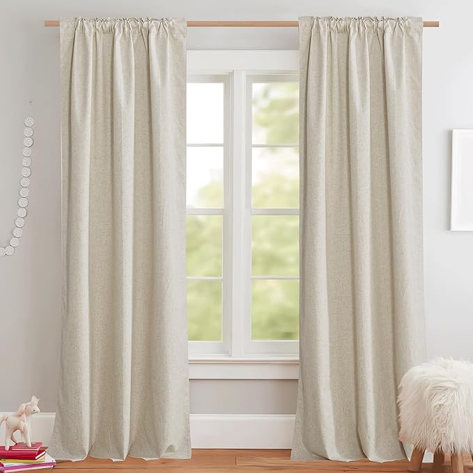 NICETOWN Natural Full Blackout Back Tab Linen Curtains 84" Long 2 Panels, Boho-Chic Thick Linen Blend Drapes for Bedroom, Thermal Insulated Window Covers with White Backing for Cafe Bar (42" Wide)