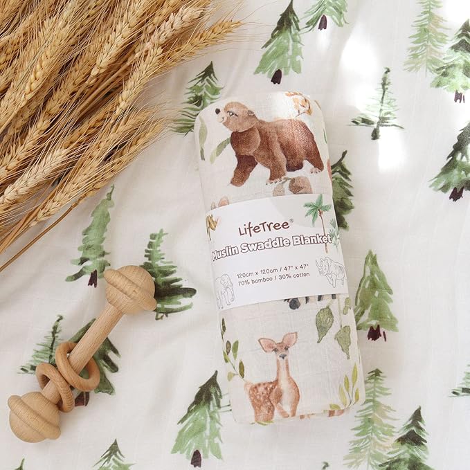 LifeTree Baby Swaddle Blankets, Muslin Swaddle Blankets Boys Girls Swaddling Wrap Receiving Blanket for Newborn, 70% Viscose Bamboo and 30% Cotton, Large 47" x 47", Woodland Pattern