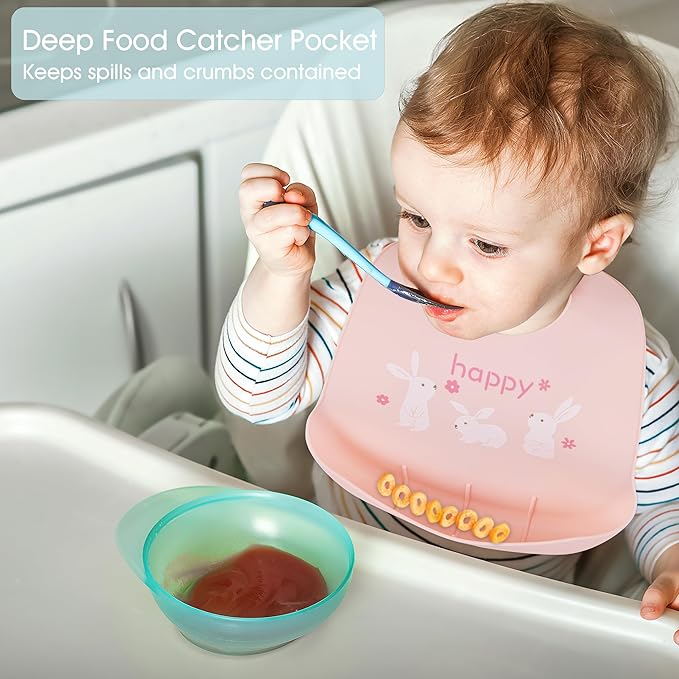BEBE FAVOUR 2 Pack Silicone Baby Bibs Adjustable Fit Waterproof Bib With Leak Proof Food Pouch Catcher for Eating Boys Girls