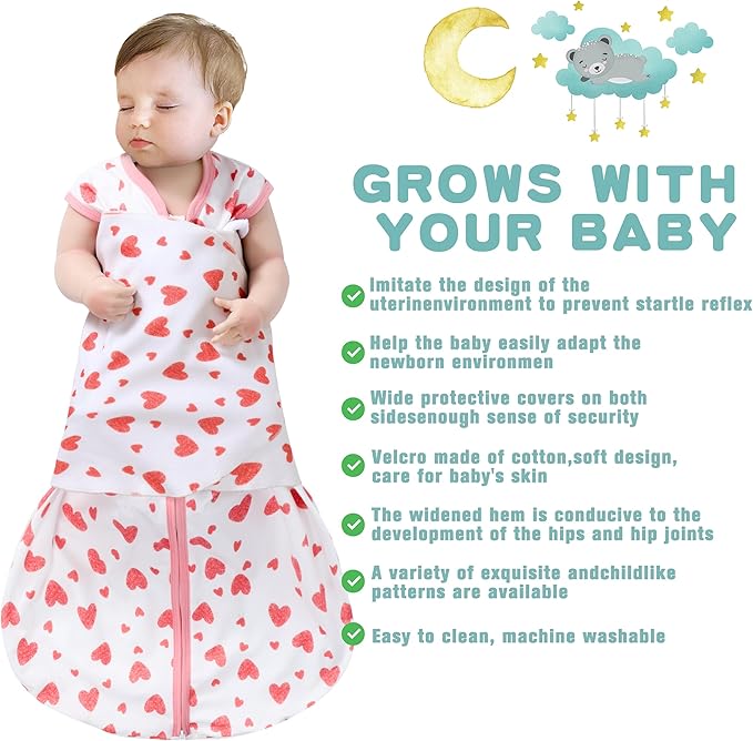 BSTOPPT Newborn Sleep Sack Baby Swaddle,Swaddle me 6-12 Month,3-Way Adjustable Wearable Blanket,100% Rayon Cotton Swaddling Sleeping Bag，TOG 0.5 (Love, 6-12 Months)