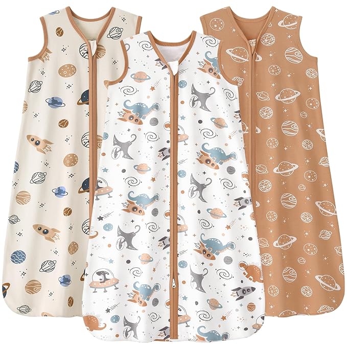 FIEMOL Baby Sleep Sack 0-6 months, 100% Cotton Sleeping Sack for Newborn and Infant, 3 Pack Baby Wearable Blanket for Boy and Girl, 0.5 Tog Lightweight Double Zipper Sleep Bag Coffee Dinosaur Planet