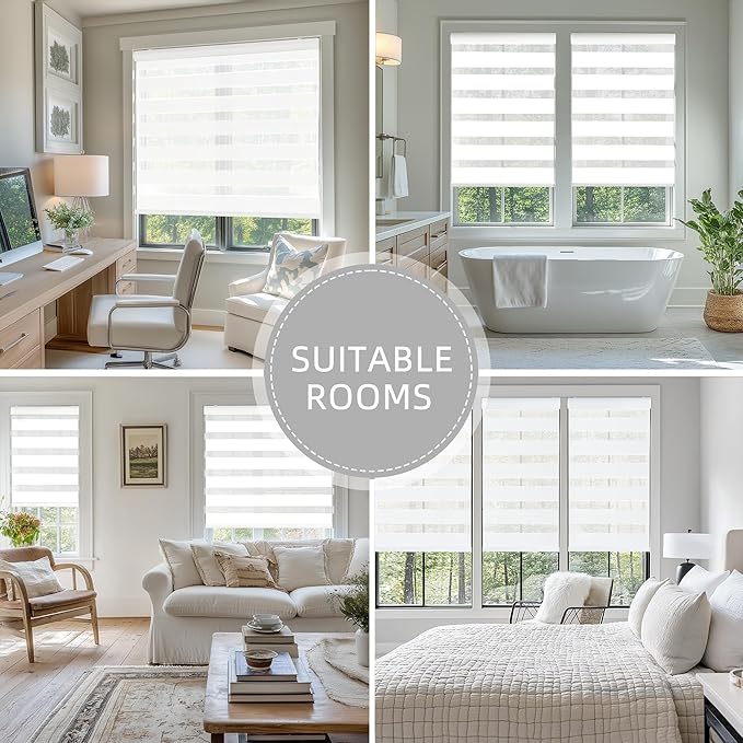 ChrisDowa Cordless Zebra Blinds for Windows, Dual Layer Free-Stop Light Filtering Window Roller Shades, Pull Down Privacy Zebra Shades for Home, Office, Bedroom, Door (33" W x 72" H, White)