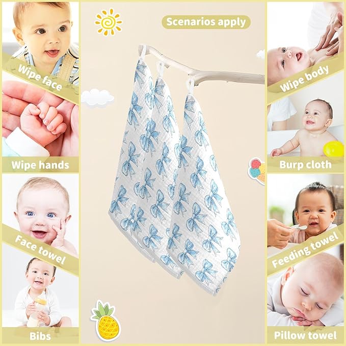 vvfelixl Light Blue Silk Bow Baby Burp Cloths Baby Muslin Washcloths for Boys Girls Cotton Babys Face Towel for Newborn Infants Soft and Absorbent 11.8 X 11.8 in, 5 Pack