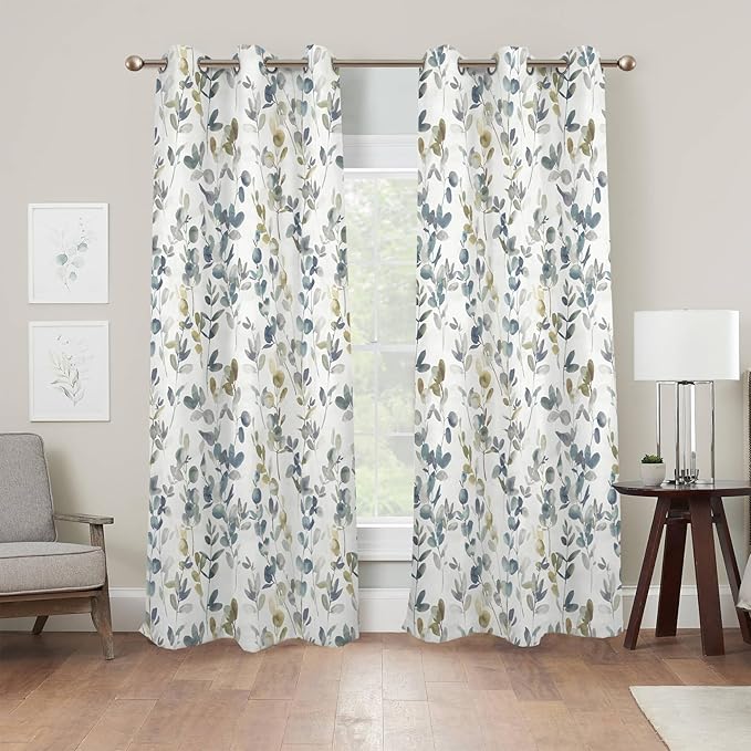 Renaiss Botanical Herbs Blackout Curtains, Vintage Eucalyptus Leaf Thermal Insulated Bedroom Window Curtains, Classical Gray Plants Window Drapes for Living Room, 96" L x 53" W 2 Panel Set