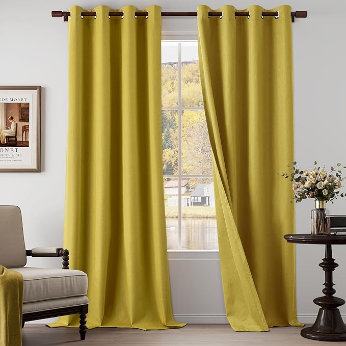 100% Blackout Linen Textured Curtains 108 Inch Length 2 Panels Set for Living Room, Bedroom, Light Weight Curtains with Grommets Top, Full Blackout Curtains Privacy Protection, Gold, 52" W x 108" L