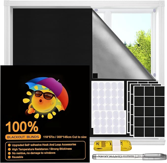 Blackout Window Cover, Upgraded Hook and Loop - Portable Shades No Residue and Longer Lasting, 100% Blackout Blinds for Window 118″ x 57″, Black Out Curtains for Bedroom and Baby Room 3mi