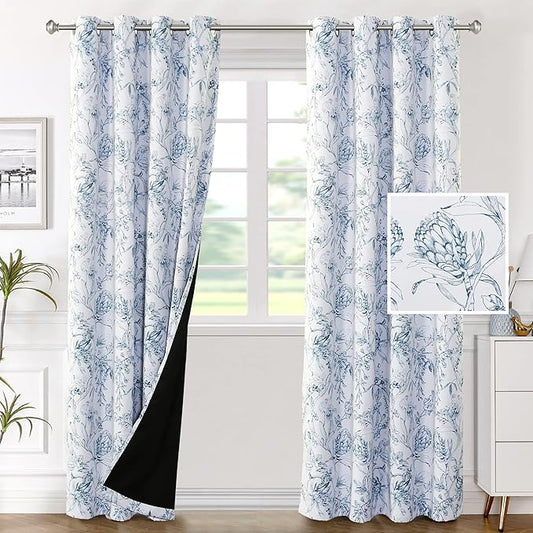 H.VERSAILTEX 100% Blackout Curtains for Bedroom Camellia Floral Blackout Curtains 96 Inches Long Light Blocking Window Treatment Curtains with Black Liner Grommet Thermal Drapes, 2 Panels, Stone Blue