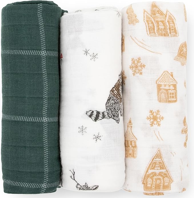 Little Unicorn Muslin Swaddle Blanket for Newborns & Infants | Soft & Breathable Fabric | Set of 3 Baby Blankets for Swaddling, Nursing, Shower Gifts (Snow Day)