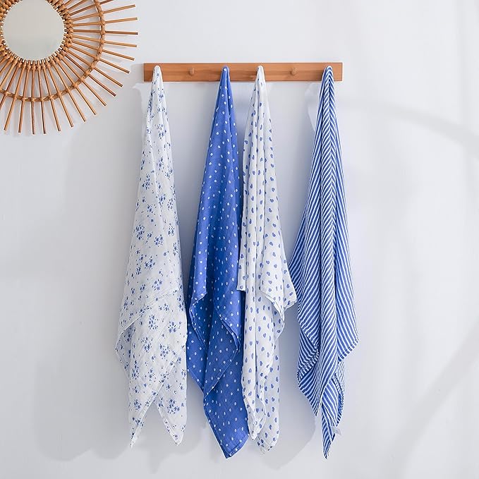 Viviland Muslin Swaddle Blanket, Baby Swaddle Blanket for Boys & Girls, Nursery Receiving Blanket for Newborn, Baby Swaddle Wrap Soft Silky & Breathable, 4 Packs, 47 X 47In, Blue Floral