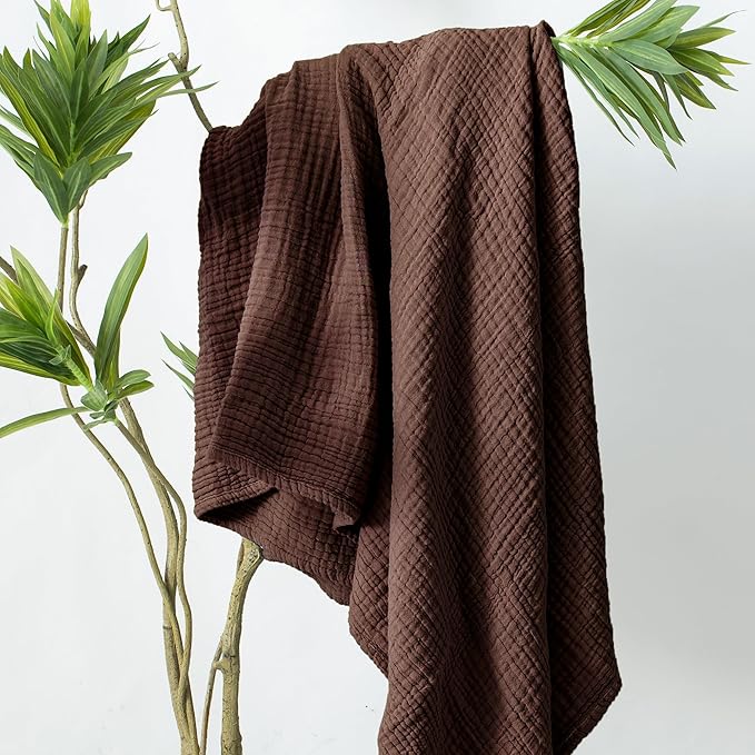 Carriediosa 100% Cotton Muslin Throw Blanket 50" X 70" Throw XL Size，4-Layers Summer Gauze Throws for Bed Couch，Soft Lightweight Breathable Linen Blankets Bedspread for Adults All Season，Dark Brown
