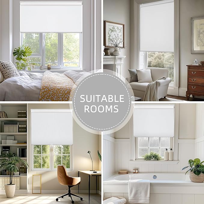 ChrisDowa Cordless Free-Stop 100% Blackout Blinds for Windows, Roller Windows Shades with Thermal Insulated, UV Protection Fabric for Living Room, Office and Home. Easy to Install.White,34" W X 72" H