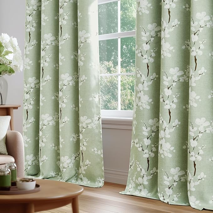 FMFUNCTEX 100% Blackout Floral Curtains for Bedroom, Sage Green Curtains 54 inch Length Blossom Patterned for Living Room, Thermal Insulated Farmhouse Drapes, Grommet Top 2 Panels (White on Green)