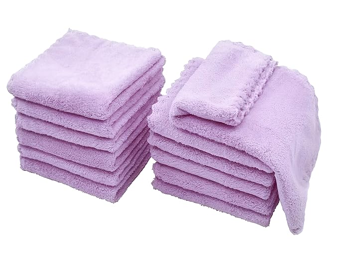 Kyapoo Baby Washcloths 12 Pack 12x12 Inches Microfiber Coral Fleece Extra Absorbent and Soft for Newborns, Infants and Toddlers-Purple
