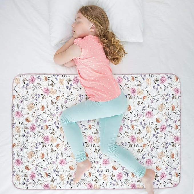 WOVENX Organic Incontinence Pads for Kids & Toddlers - 5 Layer Waterproof Protectors for Overnight Bed Wetting - Reusable & Washable Pee Pads - Fits Twin to Full Size Beds - 34" x 52" Flower