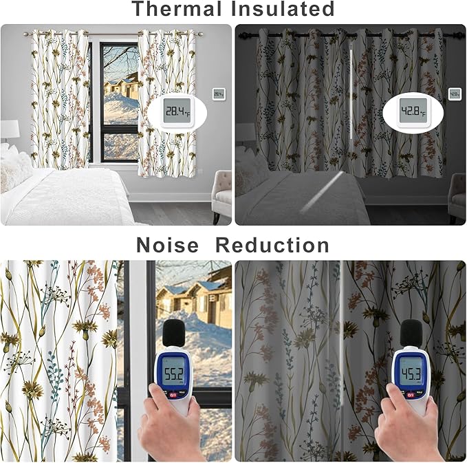 Floral Patterned Black Out Curtains 63 Inch Length, Thermal Insulated Blackout Curtains for Bedroom and Living Room, Grommet Soundproof Privacy Farmhouse Room Darkening Window Curtains 2 Panels Set