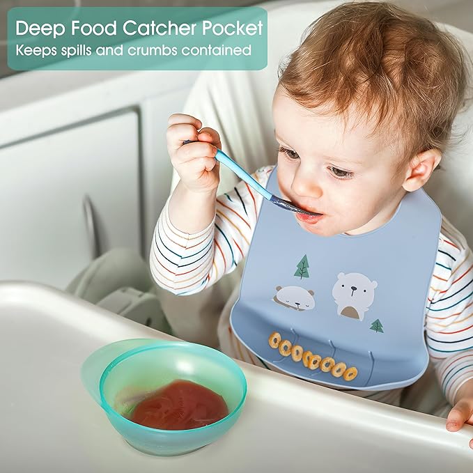BEBE FAVOUR 2 Pack Silicone Baby Bibs Adjustable Fit Waterproof Bib With Leak Proof Food Pouch Catcher for Eating Boys Girls
