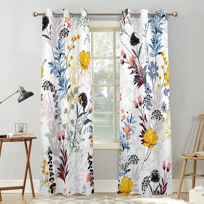 Renaiss Botanical Plants Blackout Curtains, Wild Flowers Plants Print Thermal Insulated Bedroom Window Curtains, Boho Floral Window Drapes for Living Room, 108" L x 53" W 2 Panel Set