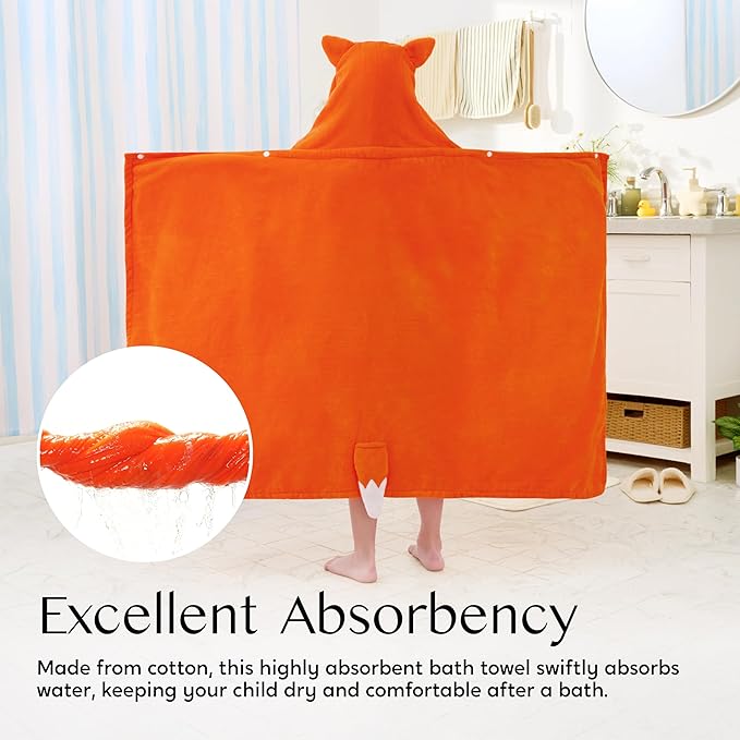 Joiedomi Hooded Towel for Kids Soft 100% Cotton Bath Beach Towel 30" x 50" for Kids 3-10 Years Toddler Pool Poncho with Hood Absorbent Swim Wrap for Boys Girls Orange Fox