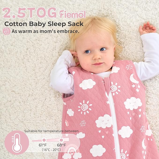 FIEMOL Baby Sleep Sack 0-6 Months 2.5 TOG, Winter Cotton Sleepsack Newborn and Infant, Warm Quilted Baby Wearable Blanket, Baby Sleeping Bag with 2-Way Zipper Pink Rainbow