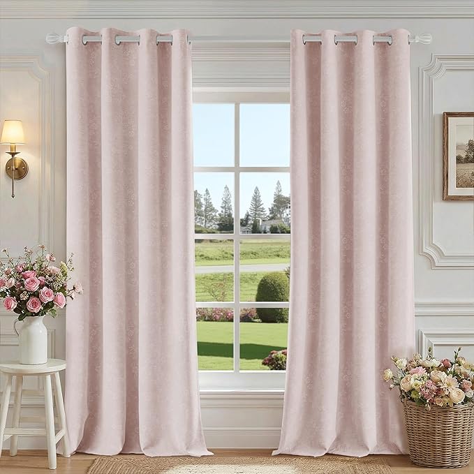 Beauoop Pink Floral Jacquard Blackout Curtains 84 Inches Long 2 Panels for Living Room Bedroom Chenille Flower Room Darkening Thermal Insulated Soundproof Grommet Window Drapes, 52x84 Set of 2