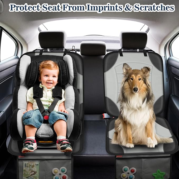 Sinvitron Car Seat Protector for Child Car Seat, Waterproof Car Seat Cover for Leather and Fabric Seats, 2 Mesh Pockets, Non-Slip Bottom, Thick Padding Cushion(1 Pack, Grey)