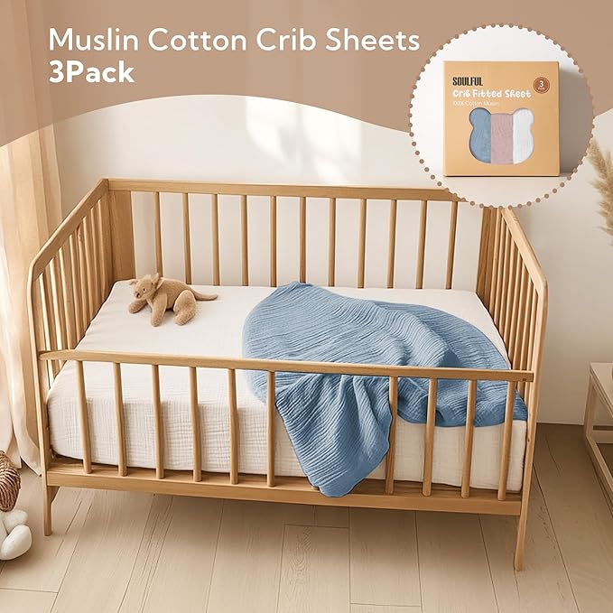 SOULFUL Muslin Crib Sheets for Boys Girls, 3 Pack Soft and Breathable Cotton Fitted Crib Sheets for Standard Crib Mattress (28"x 52", White & Dusty Rose & Blue)