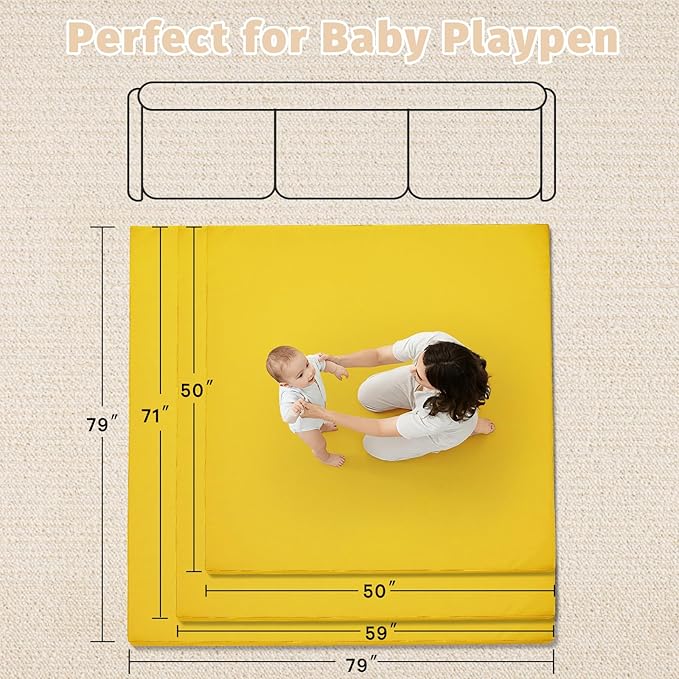 Waterproof Baby Play Mat for Floor 1.3"Thick Memory Foam 47*47 Cushion Playpen Playmat Tummy Time Crawling Mat Nursery Rug Pad Mattress Create Soft & Safe Area for Infants,Toddler,Kid,Yellow