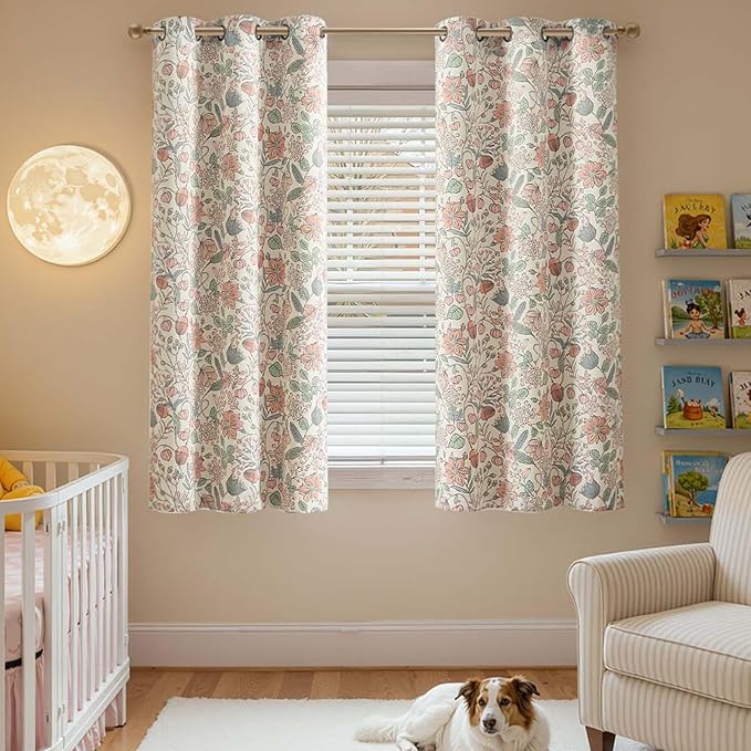 jinchan Nursery Curtains 95% Blackout Pink 63 Inch Long Floral Curtains for Girls Room, Farmhouse Drapes for Living Room Bedroom Darkening Window Treatment Grommet Top Set of 2 Panels