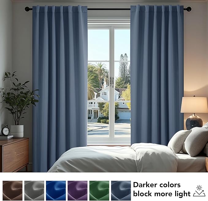 Deconovo Blackout Curtains, Thermal Insulated, W52 x L63 2 Panels, Back Tab, Machine Washable, Room-Darkening Drapes for Bedroom/Living Room Stone Blue