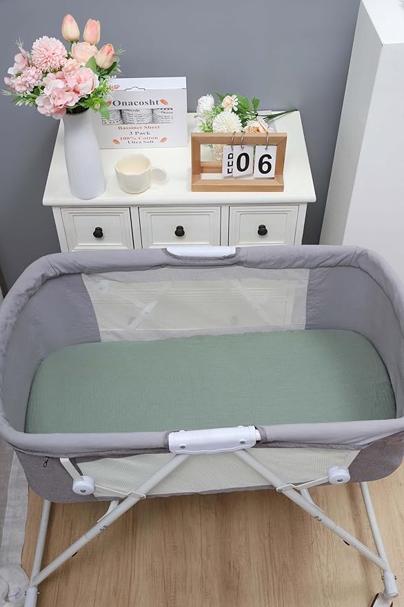 Onacosht Muslin Bassinet Sheets 3 Pack, 100% Cotton Baby Fitted Sheet 33" X 17" for Standard Rectangle Round Oval and Hourglass Bassinet Mattress, Green and Botanical