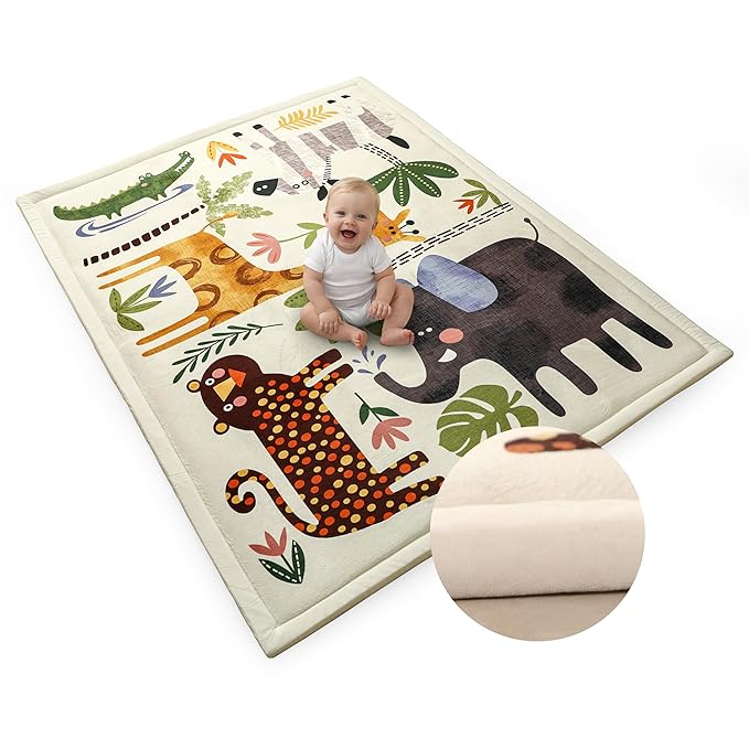 Animals Baby PlayMat Rug Extra Thick 3.5CM | Cloudsoft Coral Velvet Crawl Memory Foam Floor Mat | Anti-Spill | Anti-Slip | Toddlers Infants Kids Children | 60"x80" | Tummy Time | Padded Yoga Rug