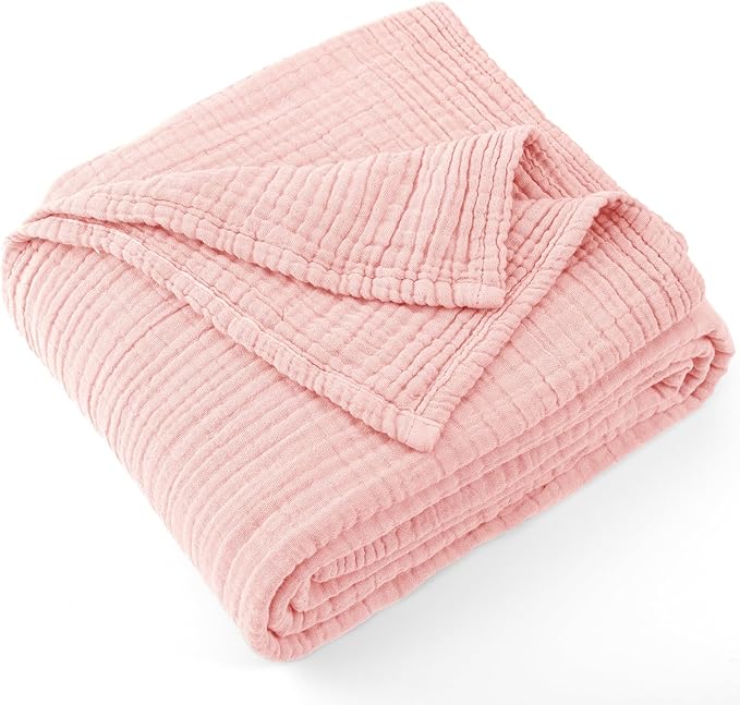 Carriediosa 100% Cotton Muslin Throw Blanket 108" X 90" King Size，4-Layers Summer Gauze Throws for Bed Couch，Soft Lightweight Breathable Linen Blankets Bedspread for Adults All Season，Dusty Pink